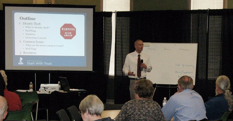 BBB PR Manager Adam Harkness speaking at AARP's 2012 Consumer Protection Workshop.